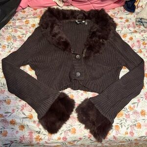 Brown Real Rabbit Fur Trim Cardigan